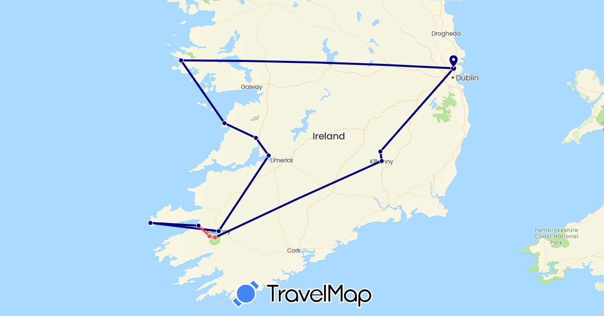 TravelMap itinerary: driving, plane, hiking in Ireland (Europe)
